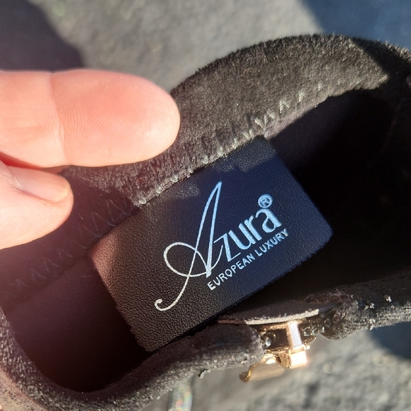 Black Suede Mid-Calf Heeled Boots with Gold Cap Toe and Stud Trim - Picture 2 of 16